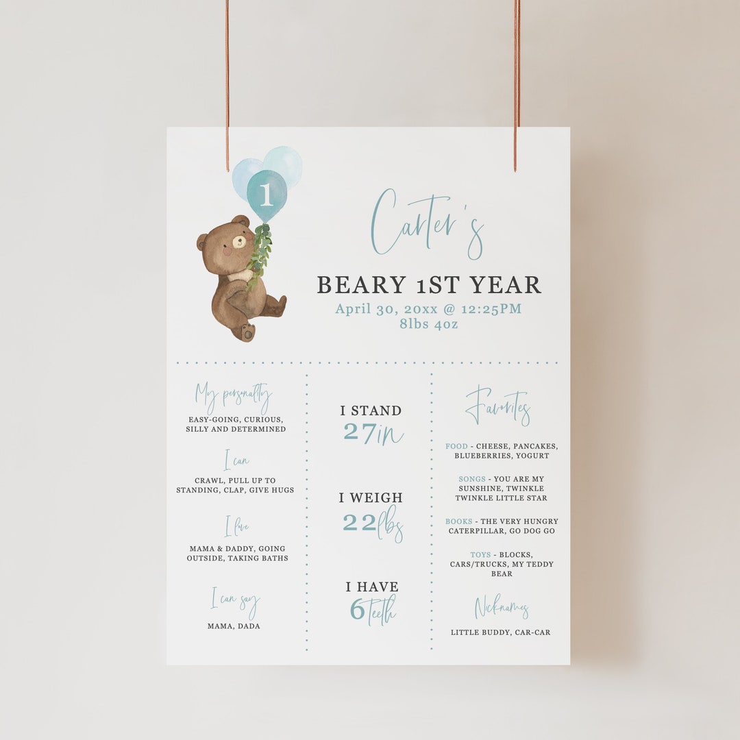 Teddy Bear 1st Birthday Milestone Poster: First Year Stats Sign ...