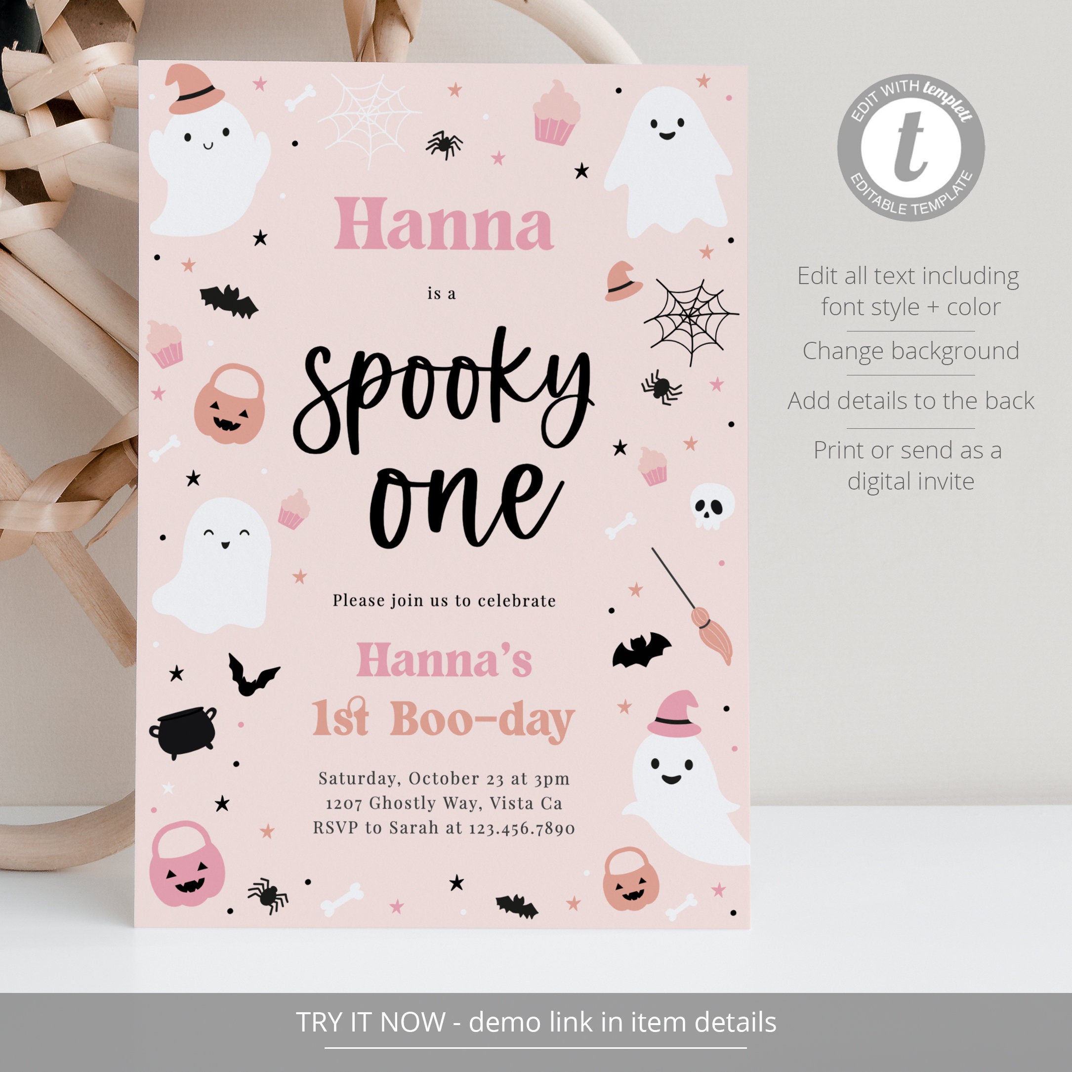 EDITABLE Spooky One 1st Birthday Party Invitation, Cute Pink Ghost ...