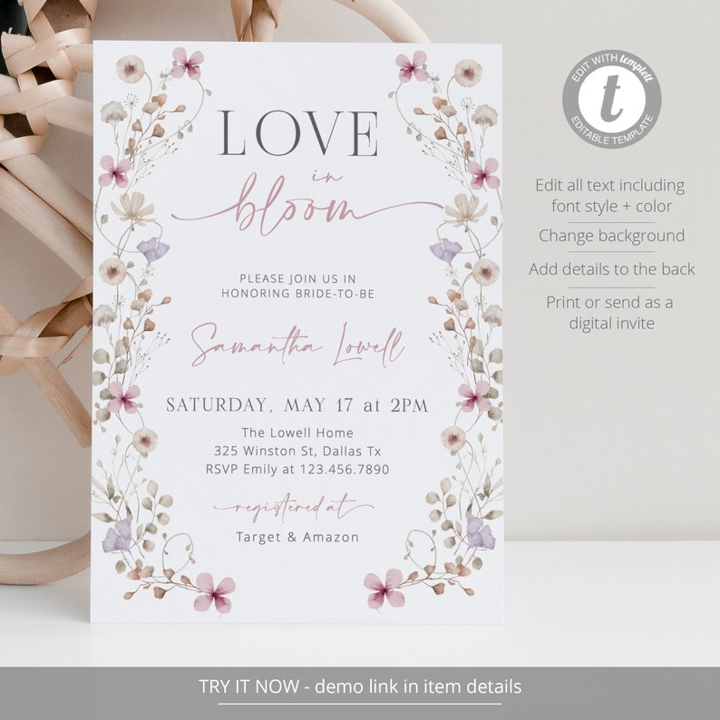 May include: A floral wedding invitation with the text "LOVE in bloom" and the bride-to-be's name, Samantha Lowell. The invitation is decorated with pink and purple flowers and greenery. The text "SATURDAY, MAY 17 at 2PM" is also included, along with the location and RSVP information. The invitation also includes the text "registered at Target & Amazon".