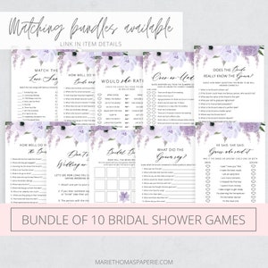 Puede incluir: Un conjunto de diez juegos de despedida de soltera imprimibles con un tema floral. Los juegos incluyen "Match the Love Song", "How Well Do You Know the Groom", "Would She Rather", "Over or Under", "Does the Bride Really Know the Groom", "Don't Tell the Bride", "Bridal Bingo", "What Did the Groom Say", "He Said, She Said" y "Guess Who Said It".