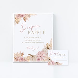 Editable Pumpkin Diaper Raffle Sign Template, Boho Pink Pumpkin Baby Shower, Raffle Sign and Ticket Template, Instant Download - Adeline