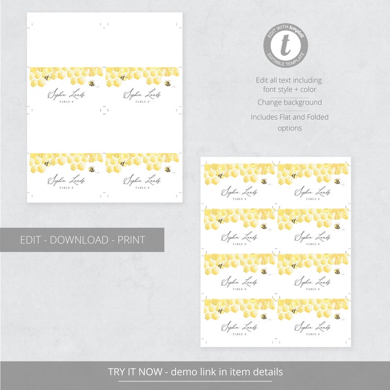 Honey Bee Place Card Template, Honeycomb Bumble Bee Wedding Name Card, Printable Escort Card, Editable Instant Download Bailee image 2