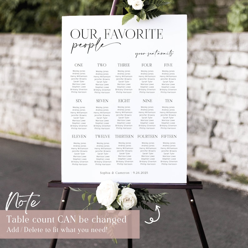 May include: A white wedding seating chart with black text. The chart is titled "Our Favorite People" and lists table numbers from one to fifteen. Each table has a list of names, including Wesley Jones, Andrea Jones, Henry Williamson, Jennifer Brown, Sarah Tyler, Marissa Lowe, Stephen Lowe, Brittany Silverton, and Philip Harrison. The chart also includes the names of the bride and groom, Sophia and Cameron, and the wedding date, 9.24.2025.