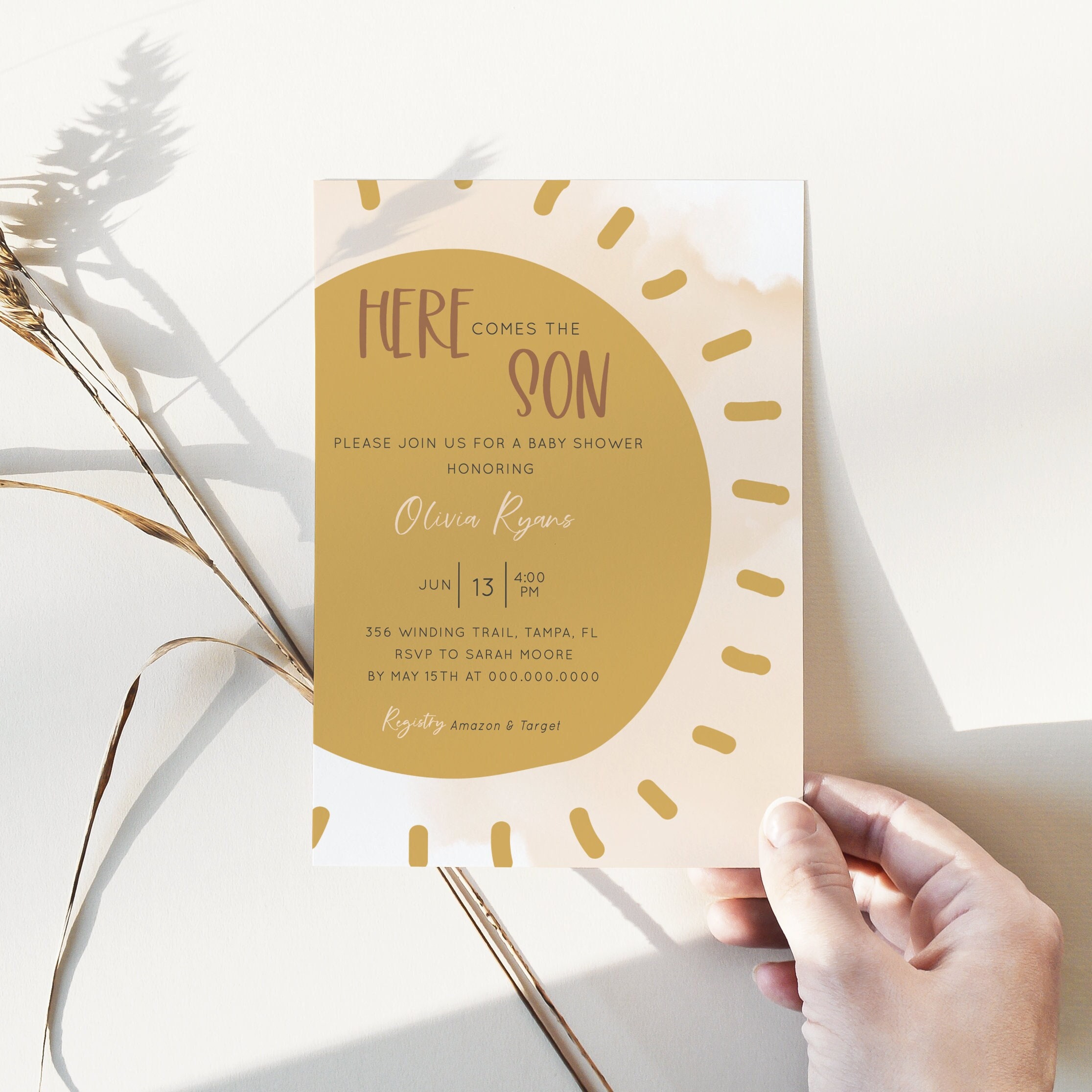 Soli Here Comes the Son Baby Shower Invitation Template Boho Sun Shower Invite Sunshine Baby Shower Invitation Editable