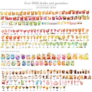 Op de afbeelding: Een aquarelillustratie van meer dan 3.000 verschillende drank- en garneringscombinaties. De afbeelding is verdeeld in secties met de labels "Short Tumblers | Mule Mugs | Shots", "Stem Glasses", "Pitchers | Mason Jars" en "Coffee | Cider | Seasonal". De tekst "Over 3,000 drinks and garnishes" en "not all drinks shown" staat bovenaan de afbeelding.