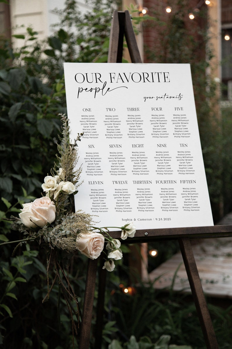 May include: A white seating chart with black text lists the names of guests for a wedding reception. The chart is titled "Our Favorite People" and includes the names of the bride and groom, Sophia & Cameron, and the date of the wedding, 9.24.2025.