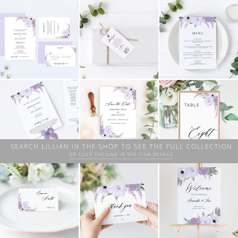 Lavender Wedding Invitation Template Download, Wedding Invitation Set, Purple Floral Wedding Suite, Editable Instant Download Lillian image 5