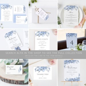 May include: A collection of wedding stationery featuring a blue floral design. The set includes invitations, RSVP cards, menus, welcome signs, table numbers, and thank you cards. The text includes the names Kristina Miller and Jordan Rhodes.