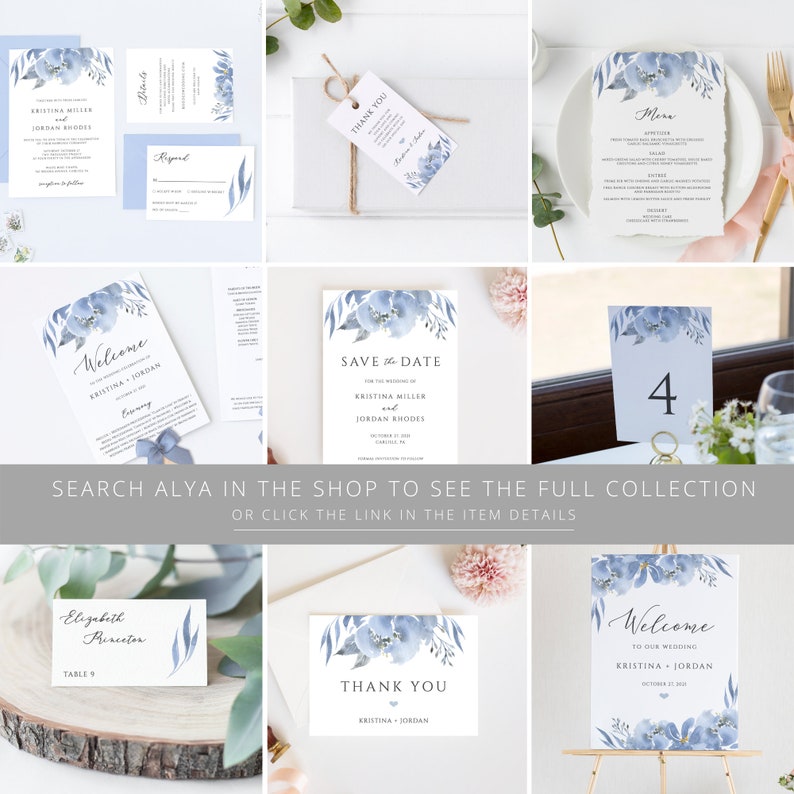 May include: A collection of wedding stationery featuring a blue floral design. The set includes invitations, RSVP cards, menus, welcome signs, table numbers, and thank you cards. The text includes the names Kristina Miller and Jordan Rhodes.