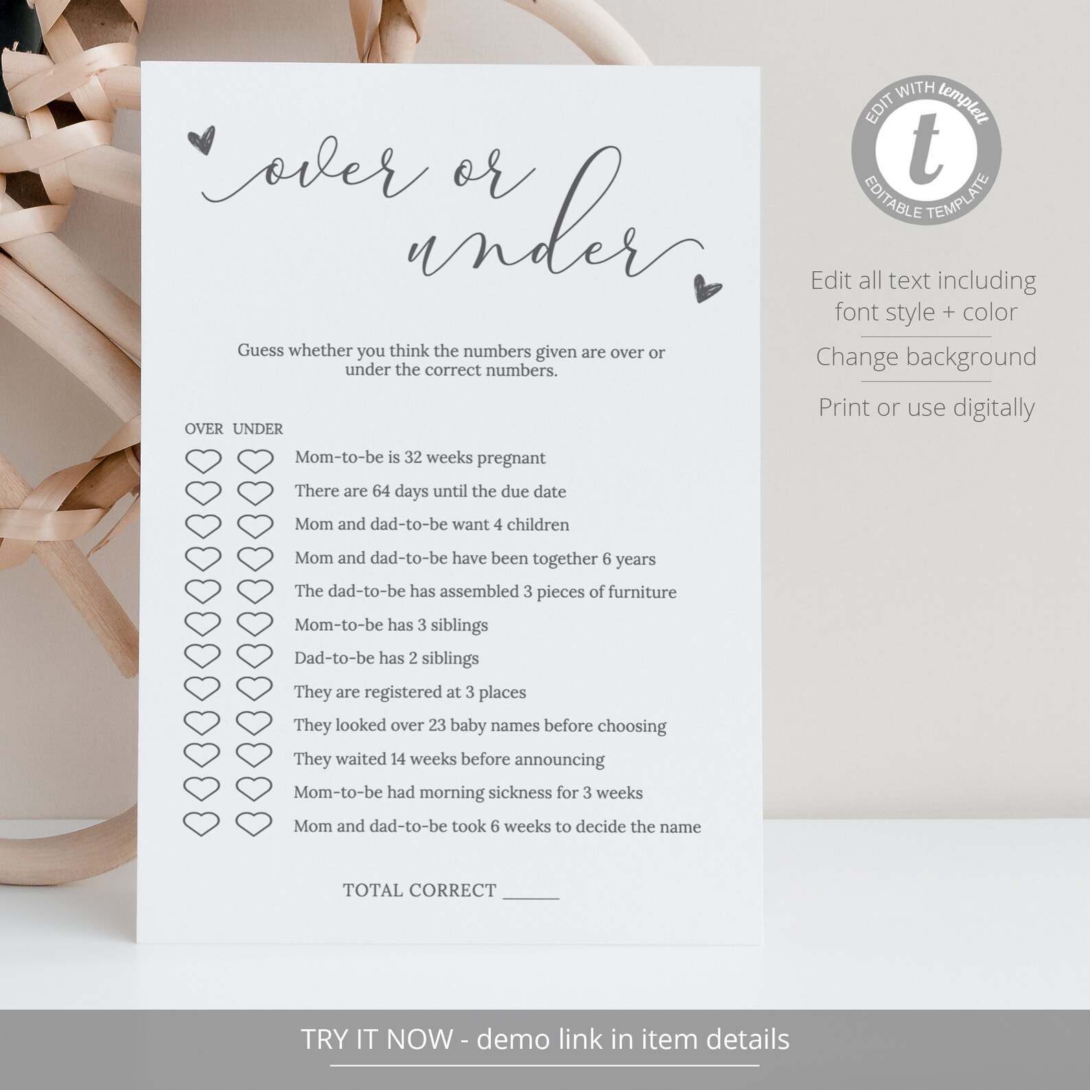 Over or Under Baby Shower Game, Baby Shower Games Printable, Gender ...