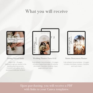 May include: A digital product listing for a wedding planner, featuring three different printable guides: a getting started guide, a wedding planner, and a honeymoon planner. The guides are shown as digital mockups on a light pink background with the text "What you will receive" at the top.