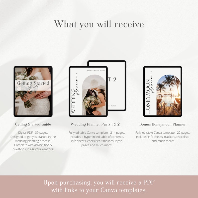 May include: A digital product listing for a wedding planner, featuring three different printable guides: a getting started guide, a wedding planner, and a honeymoon planner. The guides are shown as digital mockups on a light pink background with the text "What you will receive" at the top.
