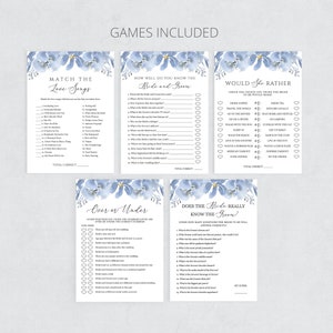 May include: A collection of wedding shower games with a floral design. The games include "Match the Love Songs", "How Well Do You Know the Bride and Groom", "Would She Rather", "Over or Under", and "Does the Bride Really Know the Groom?"