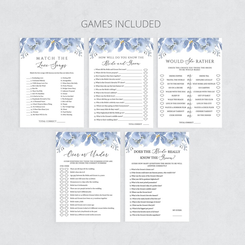 May include: A collection of wedding shower games with a floral design. The games include "Match the Love Songs", "How Well Do You Know the Bride and Groom", "Would She Rather", "Over or Under", and "Does the Bride Really Know the Groom?"