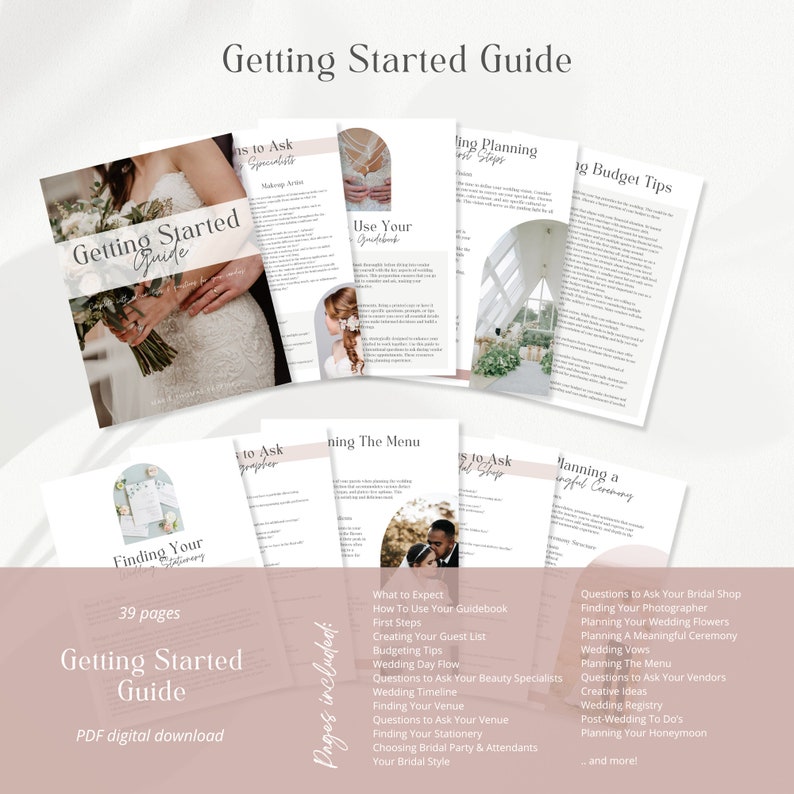 May include: A guidebook for wedding planning with a pink and white color scheme. The guidebook is titled "Getting Started Guide" and includes 39 pages of information. The guidebook is a PDF digital download.