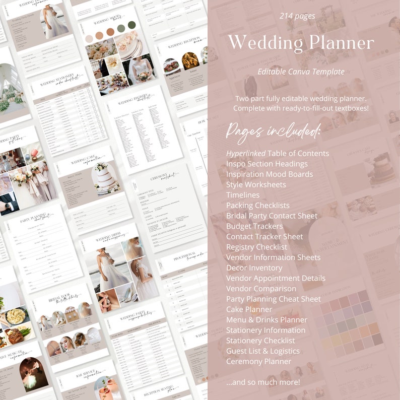 May include: A pink and white wedding planner with the text "Wedding Planner" and "Editable Canva Template" on the cover. The planner includes 214 pages with checklists, timelines, budget trackers, vendor information sheets, and more.