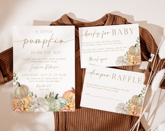 May include: A baby shower invitation with a watercolor pumpkin theme. The invitation reads "A little pumpkin is on the way." and includes details for the event. There are also two cards for guests to write messages for the baby and a diaper raffle card.