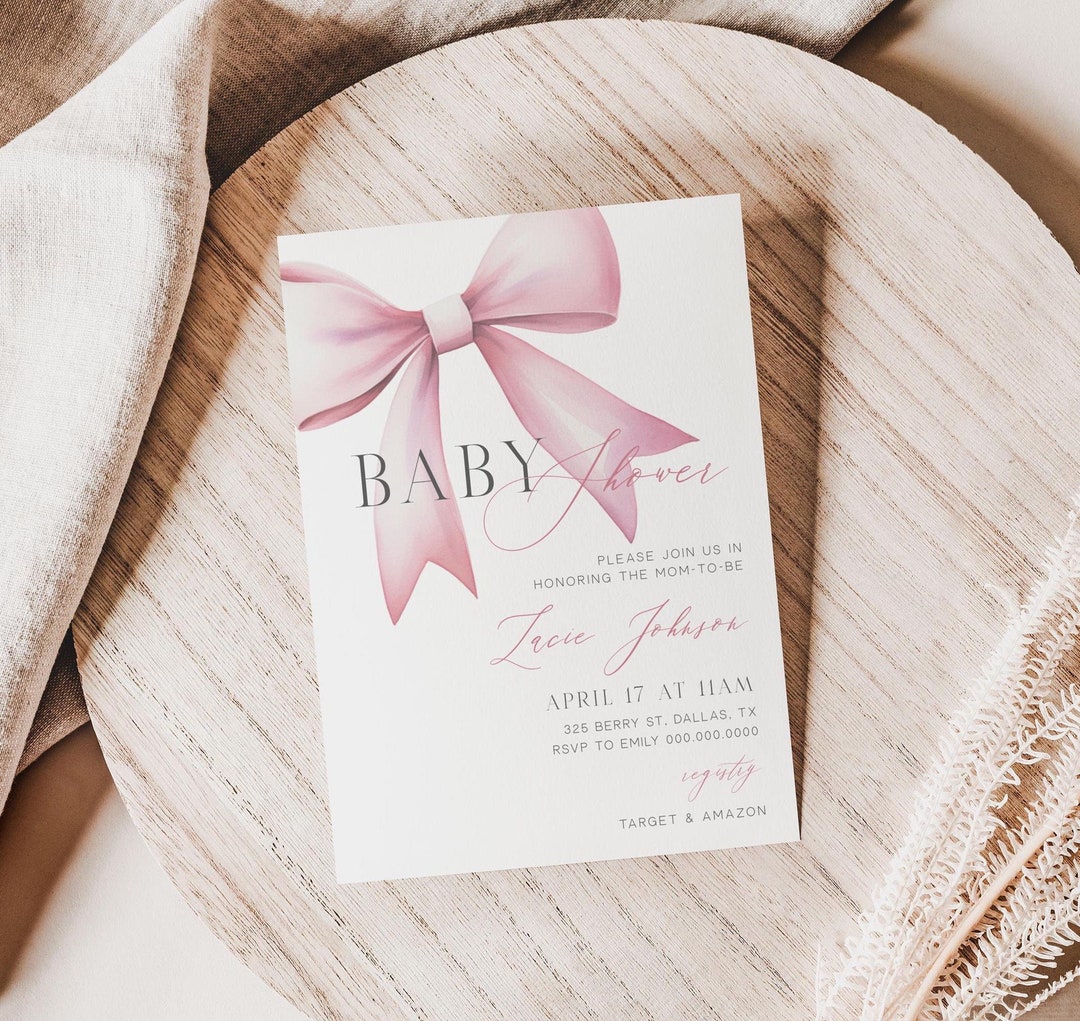 Pink Bow Baby Shower Invitation, Editable Girl Baby Shower Invite, Pink ...