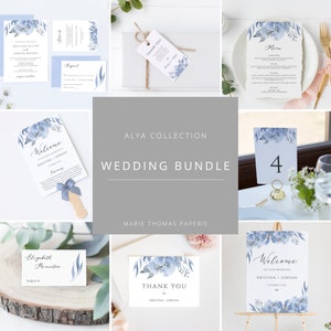 Paquete de plantillas de boda floral azul polvoriento, Kit de invitación de boda, Paquete de invitaciones de boda, Invitación de boda elegante, Editable - Alya