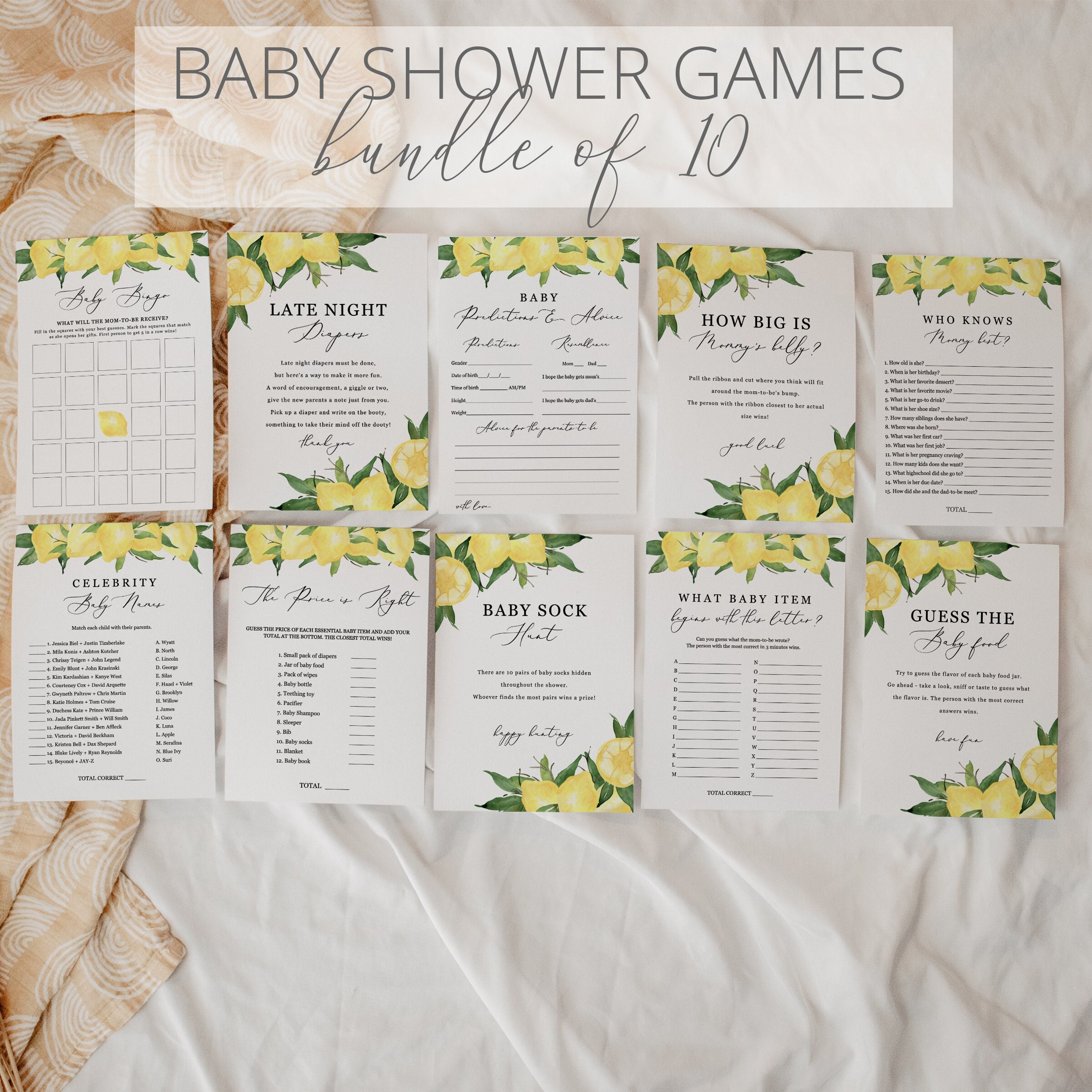 Lyla - Lemon Baby Shower Games Printable, Bundle of 10, Citrus Summer Fruit, Baby Shower Games Bundle, Editable Instant Download