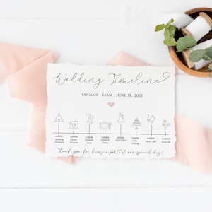 May include: A wedding timeline with a pink heart and the text "Wedding Timeline" and "HANNAH + LIAM | JUNE 18, 2021". The timeline includes icons for the wedding ceremony, family pictures, cocktail hour, dinner and toasts, first dance, cake cutting, party time, and send off. The times are listed below each icon.