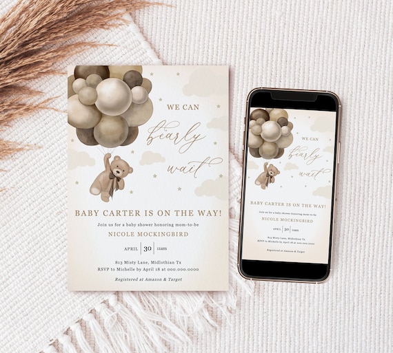Editable Bear Baby Shower Invitation Template, Bear Balloon Invitation, Bearly Wait Baby Shower, Gender Neutral, Instant Download - Harper