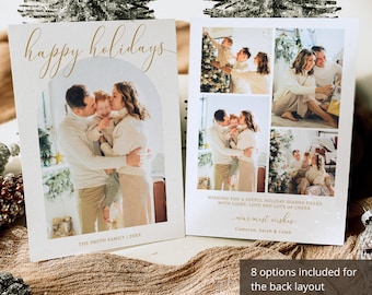 May include: Holiday greeting cards with the text "happy holidays" in gold script. The front card features a family photo. The back of the card includes multiple family photos and the text "Wishing you a joyful holiday season filled with light, love and lots of cheer."