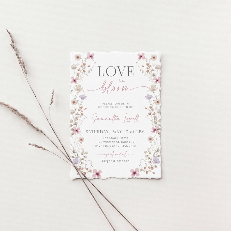 May include: A floral-themed bridal shower invitation with the text "LOVE in bloom" and "Samantha Lowell" in pink script. The invitation includes details for the event, including the date, time, location, and RSVP information. It also mentions the registry at Target and Amazon.