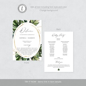 Nalani Tropical Wedding Program Fan Template, Monstera Palm Leaves, Wedding Ceremony Program, 100% Editable, Instant Download image 4