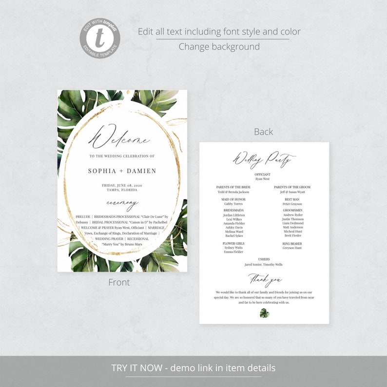 Nalani Tropical Wedding Program Fan Template, Monstera Palm Leaves, Wedding Ceremony Program, 100% Editable, Instant Download image 4