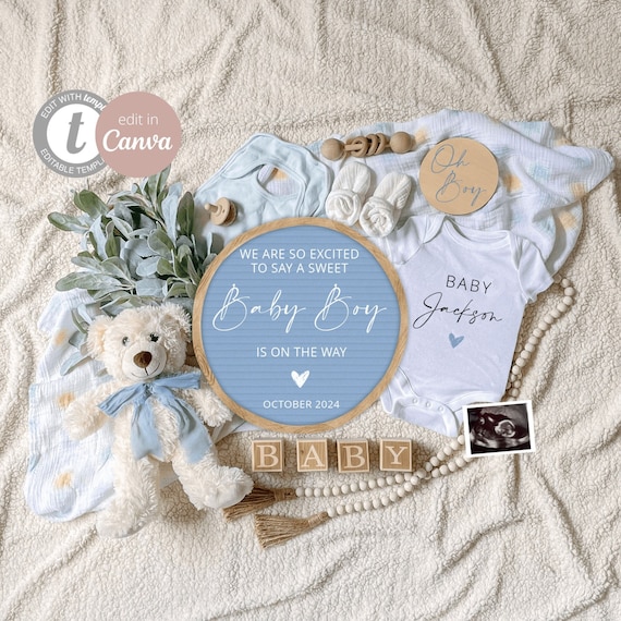 Boy Digital Pregnancy Announcement for Social Media, Editable Letter Board Pregnancy Announcement, Baby Boy Announcement, Instant Download