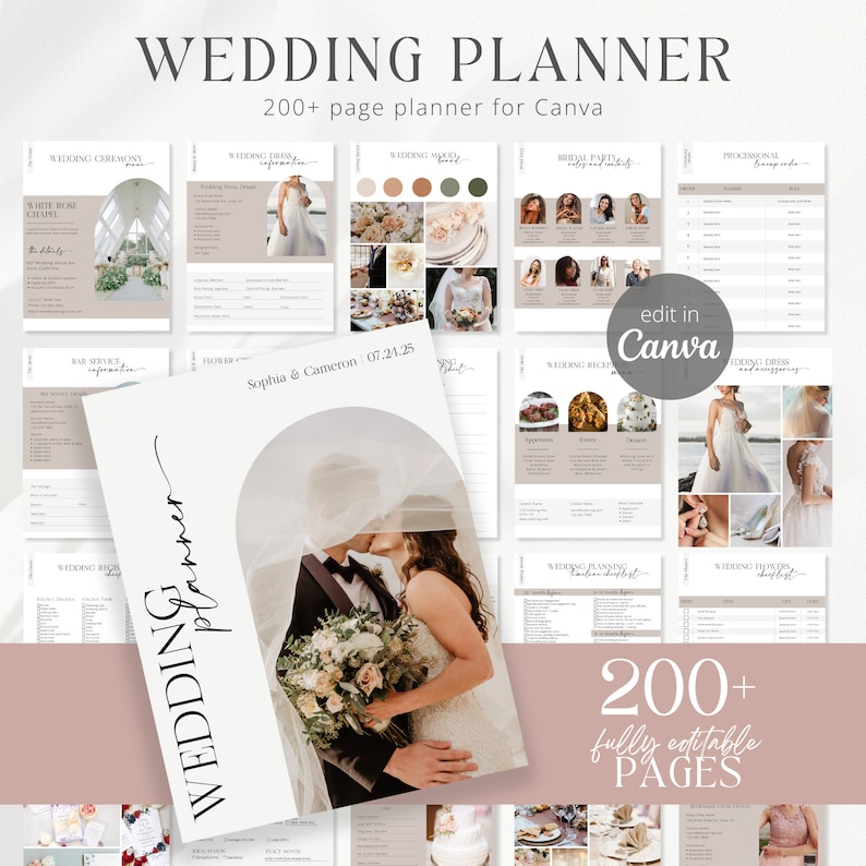 May include: A wedding planner with over 200 pages, designed for Canva. The cover features a couple kissing under a veil, with a floral bouquet. The text "Wedding Planner" is written in a cursive font.