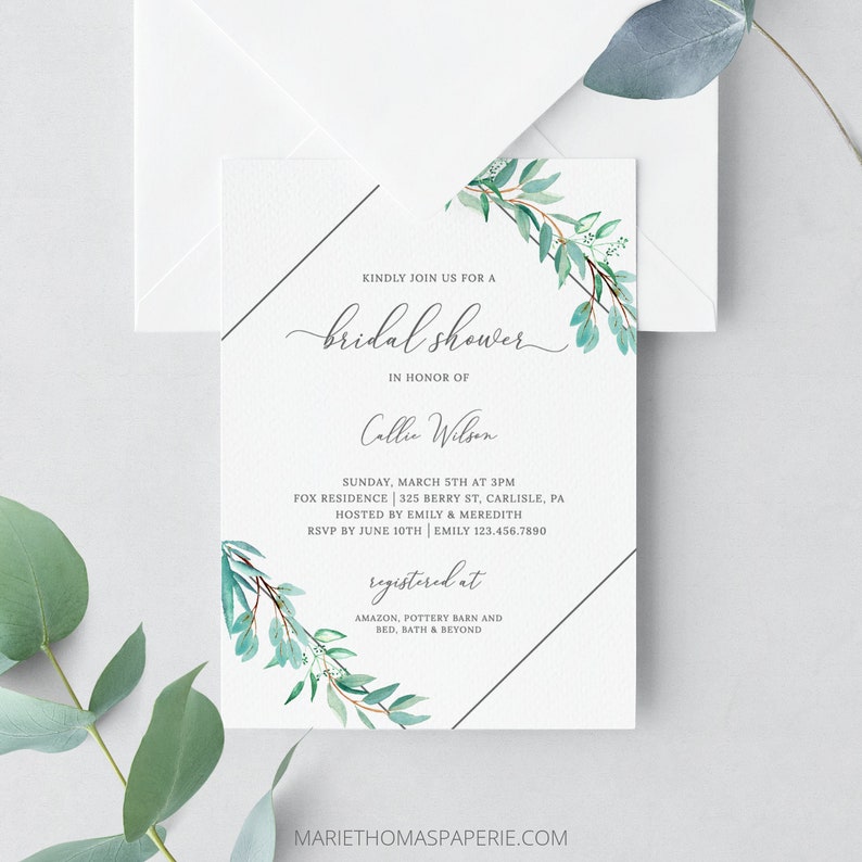 Laurelle Bridal Shower Invitation, Eucalyptus Geometric Greenery, Bridal Shower Invite, 100% Editable, Instant Download image 8