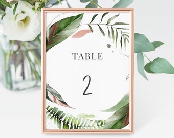 Malie - Wedding Table Number Template, Tropical Palm Leaves Table Number Card, 5x7 and 4x6, Editable Template, Instant Download