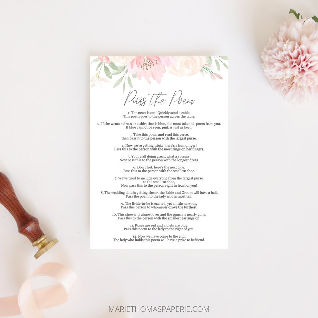 Alena Pass the Poem, Bridal Shower Games Printable, Bridal Poem Game ...