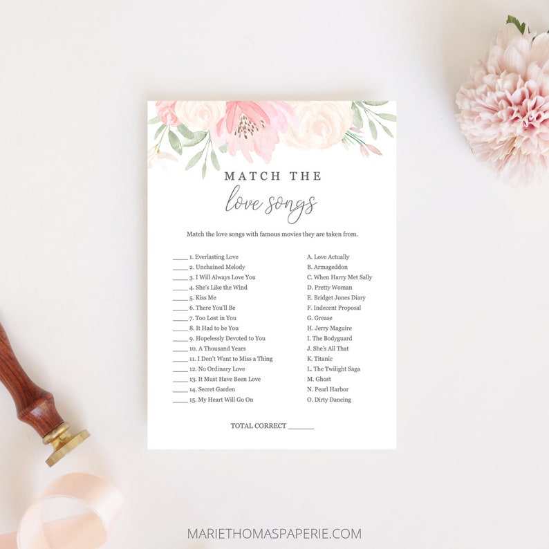 Match The Love Songs Bridal Shower Games Printable Wedding Etsy