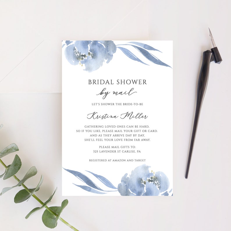 Alya Dusty Blue Floral Social Distance Bridal Shower Invite Bridal Shower by Mail Invitation Editable Instant Download