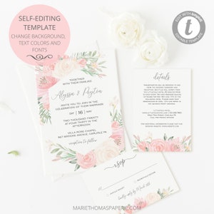 Alena Wedding Invitation Template Boho Wedding Invite Editable Invitation Pink Blush Floral Wedding Set Instant Download image 2