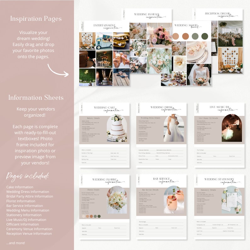 May include: A set of printable wedding planning pages with a light brown background and a rounded rectangle shape. The pages include sections for wedding cake, wedding dress, live music, wedding florist, bar service, and wedding stationery. Each page has a photo and space for text.