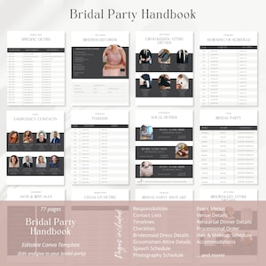 May include: A printable bridal party handbook with a pink and gray color scheme. The handbook includes sections for specific duties, bridesmaid dress details, groomsmen attire details, morning of schedule, emergency contacts, timeline, local hotels, bridal party details, clean up duties, bridal party shot list, and bridesmaid attire details. The handbook also includes a list of pages included, such as responsibilities, contact lists, timelines, checklists, bridesmaid dress details, groomsmen attire details, speech schedule, and photography schedule.
