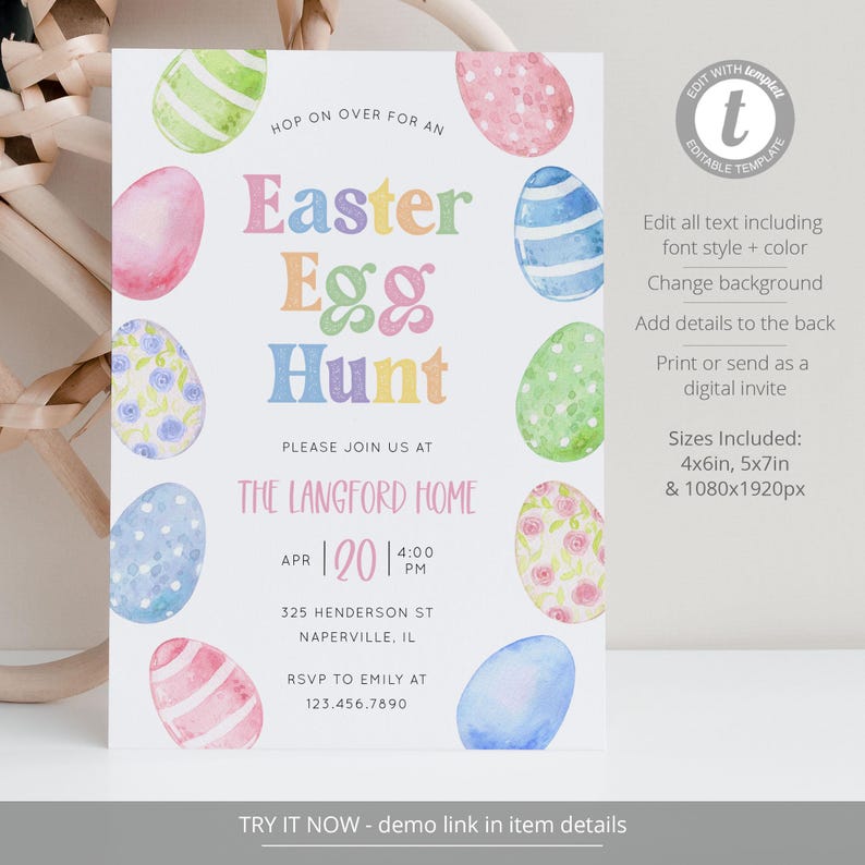 May include: An Easter Egg Hunt invitation with colorful watercolor eggs surrounding the text. The invitation includes details for the event, such as the date, time, and location. The design is cheerful and festive, perfect for a spring celebration.