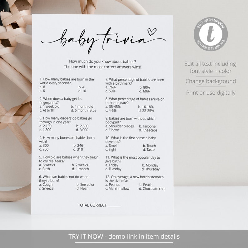Puede incluir: Un juego de trivia para beb&eacute;s imprimible con 12 preguntas sobre beb&eacute;s. Las preguntas est&aacute;n en una fuente gris claro sobre un fondo blanco. El t&iacute;tulo del juego es "baby trivia" en una fuente cursiva negra con un coraz&oacute;n rosa.