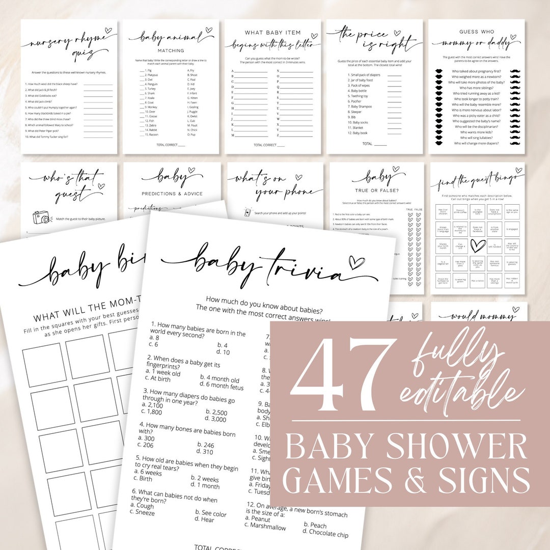 Baby Shower Game Bundle Minimalist Baby Shower Games Modern Etsy