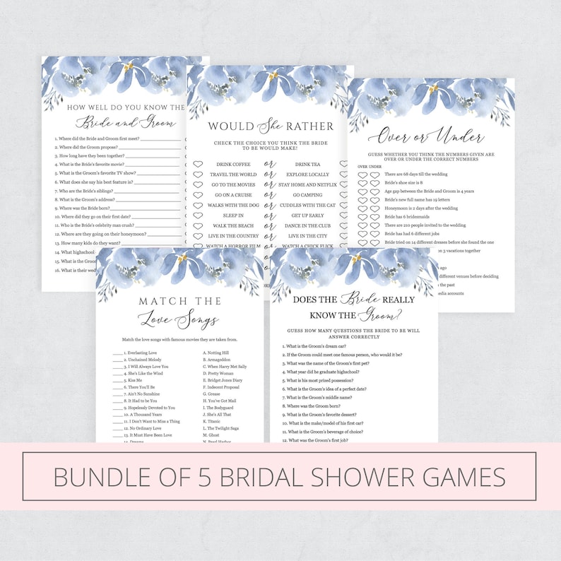 Bridal Shower Games Bundle, Dusty Blue Floral Bridal Shower Games Printable, Bundle of 5, Editable Template Instant Download - Alya image 1