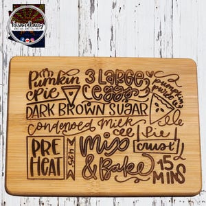 Pumpkin Pie Recipe, country etched Bamboo Wood Cutting Board   - 8 x 6  inches