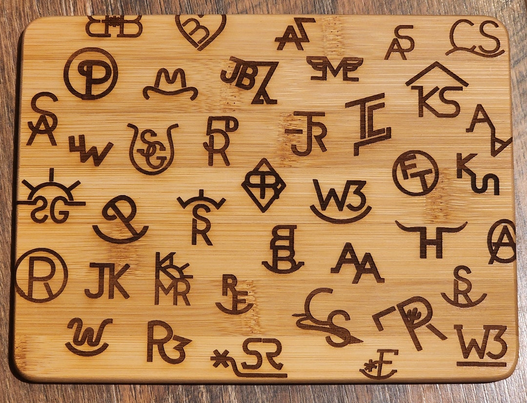 Cattle Brands, western, country etched Bamboo Wood Cutting Board - 8.75 x 6.875 inches