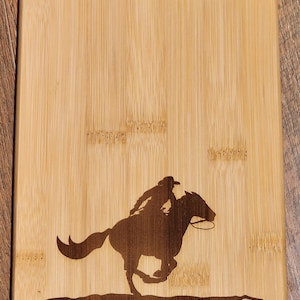 Running Cowboy and horse, western, country etched Bamboo Wood Cutting Board   - 8 x 6  inches