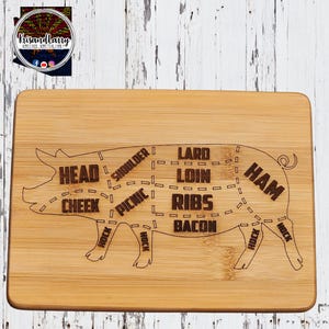 Pig, Hog, Swine Butcher Meat Cuts, western, country etched Bamboo Wood Cutting Board  - 8 x 6  inches