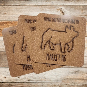 Market pig, buyer&#39;s gift, cork coasters, set of 4, same designs. Thank you gift, livestock
