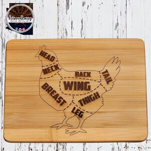 Chicken Butcher Meat Cuts, western, country etched Bamboo Wood Cutting Board  - 8.75 x 6.875 inches